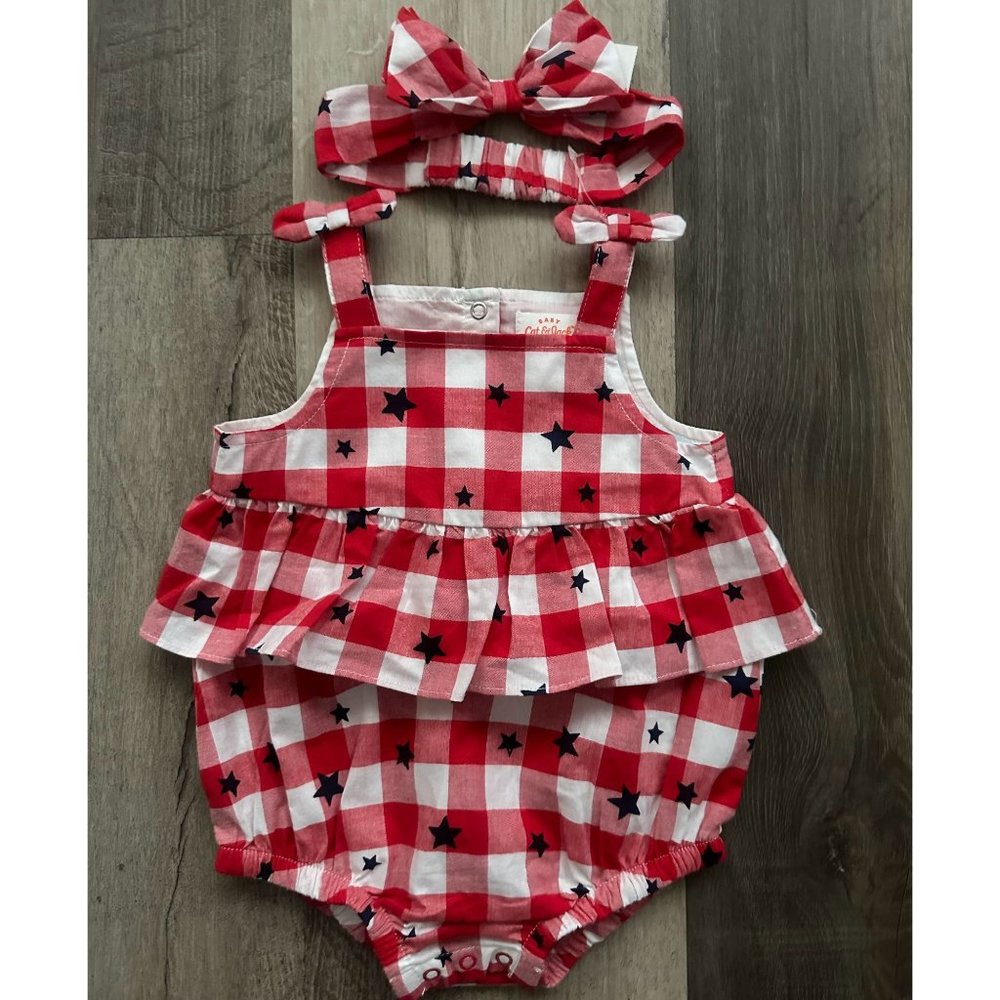 Cat & Jack Babyg3irls Patriotic Romper with Headband 2 pieces Red-White 3-6 Mont